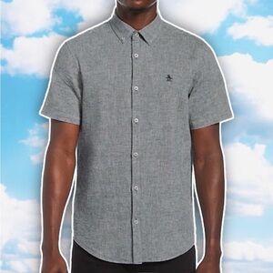 ORIGINAL PENGUIN Feeder Stripe Linen Blend Short Sleeve Buttondown Shirt Preppy